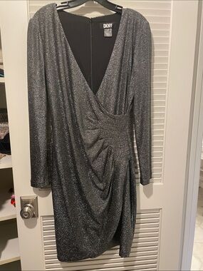 DKNY Metallic Silver Long-Sleeve Wrap Dress